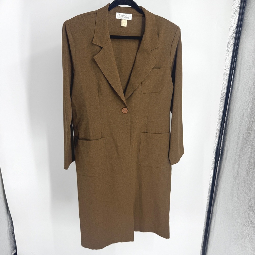 Stella Vintage Brown Longline Blazer Jacket Duster Made in USA XL Shoulder Pads